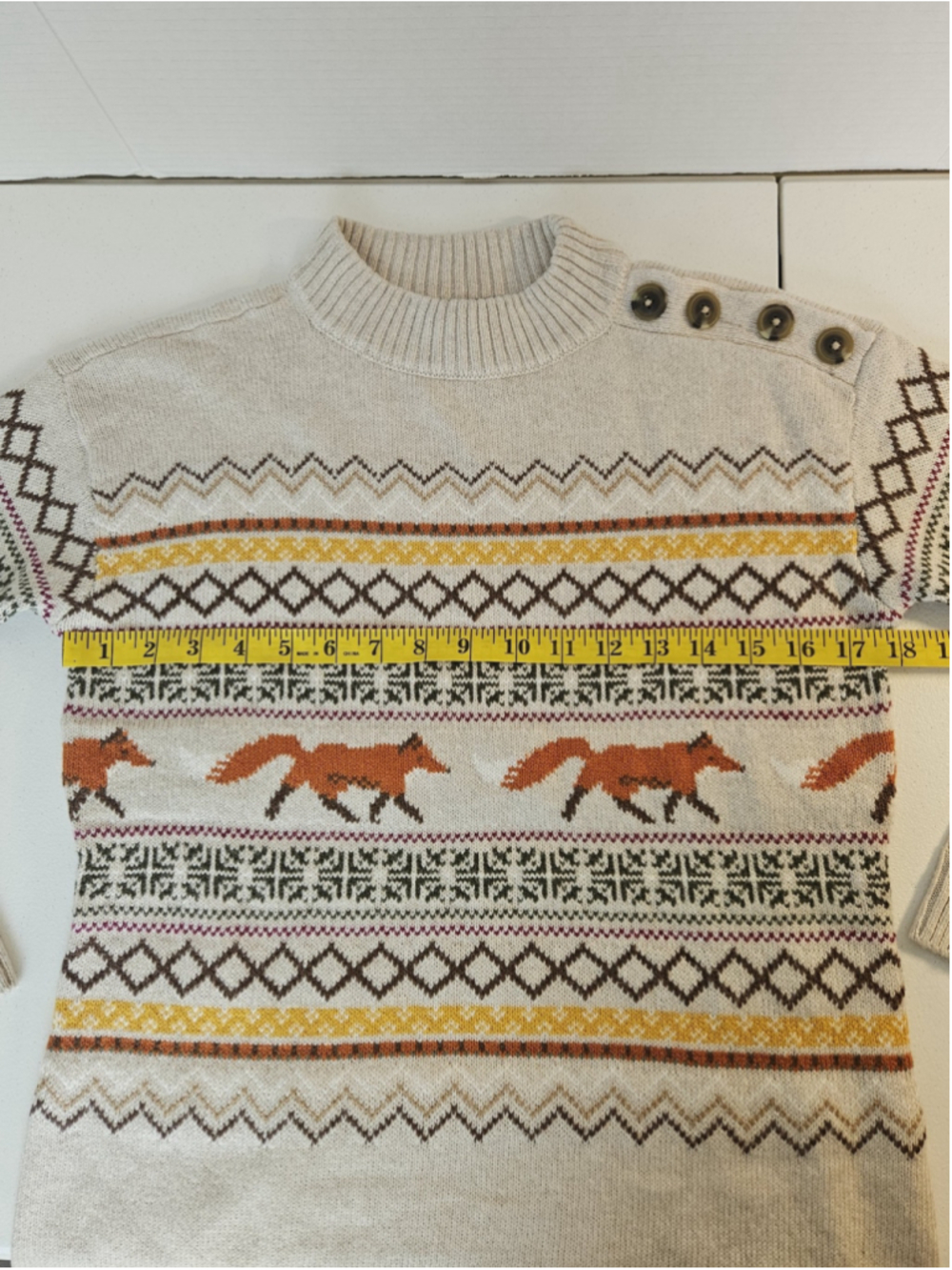 Talbots Petite Fox Fair Isle Button Shoulder Crewneck Sweater Beige Orange Fall - Picture 7 of 8